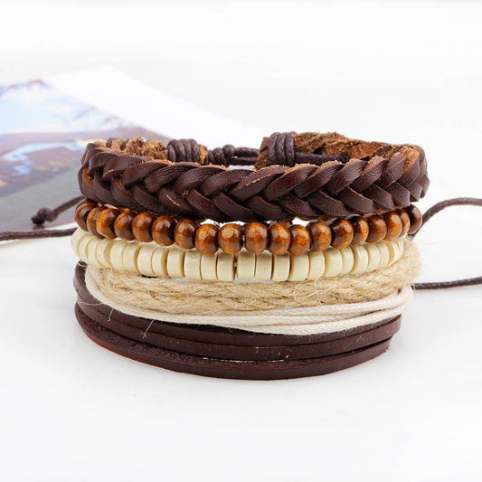 Wrap Bracelets - Handmade Multilayer Leather Bracelet W/Wood Beads
