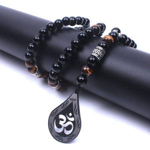 Pendant Necklaces - Handmade OM Necklace With Tiger Eye And Natural Onyx