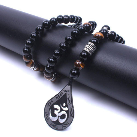 Image of Pendant Necklaces - Handmade OM Necklace With Tiger Eye And Natural Onyx