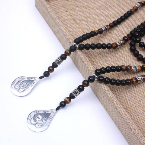 Image of Pendant Necklaces - Handmade OM Necklace With Tiger Eye And Natural Onyx