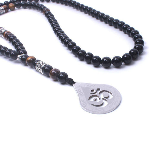 Image of Pendant Necklaces - Handmade OM Necklace With Tiger Eye And Natural Onyx