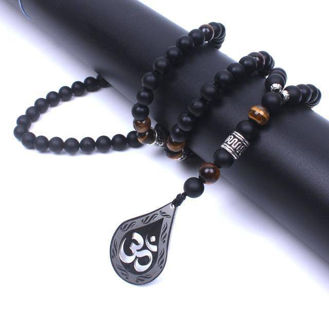 Pendant Necklaces - Handmade OM Necklace With Tiger Eye And Natural Onyx