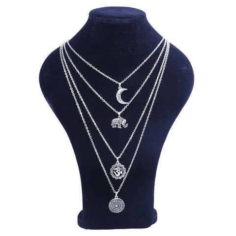 Image of Pendant Necklaces - Vintage Moon OM  Elephant Pendant Necklace Multilayer Choker