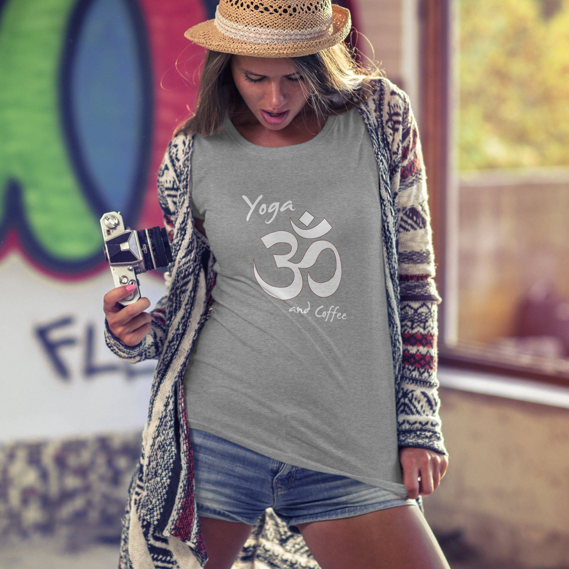 T-shirt - Yoga And Coffee Ladies T-Shirt (white Logo)