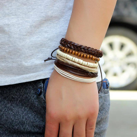 Image of Wrap Bracelets - Handmade Multilayer Leather Bracelet W/Wood Beads