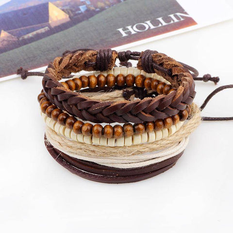 Image of Wrap Bracelets - Handmade Multilayer Leather Bracelet W/Wood Beads