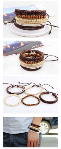 Image of Wrap Bracelets - Handmade Multilayer Leather Bracelet W/Wood Beads